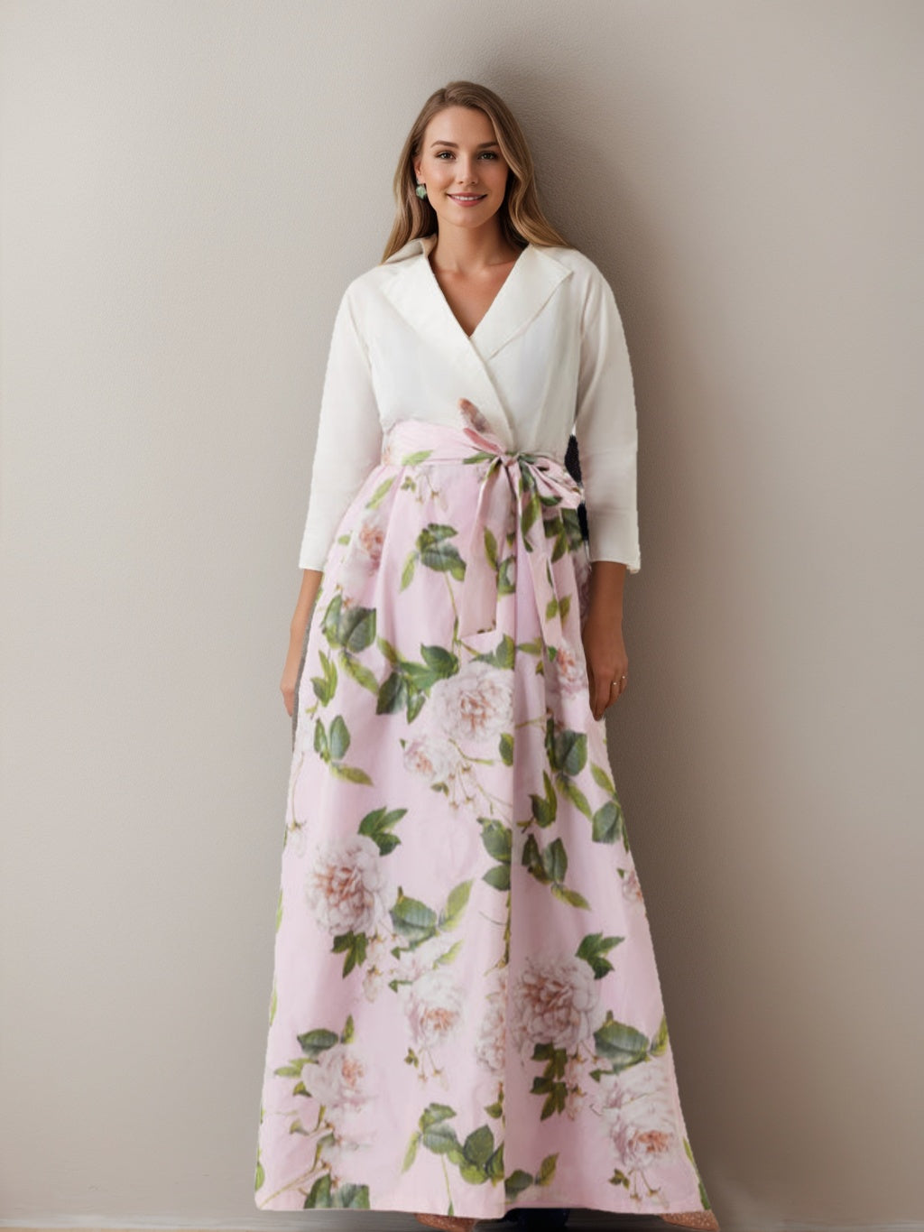 A-Line/Princess V-Neck 3/4 Sleeves Printed Floral Plus Size Mother of the Bride Dresses with Bow Belt