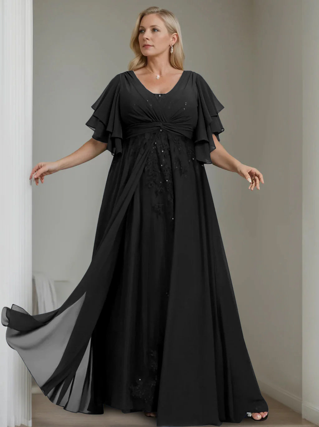 A-Line/Princess V-Neck Half Sleeves Floor-Length Unique Plus Size Mother of the Bride Dresses with Sequins & Ruffles