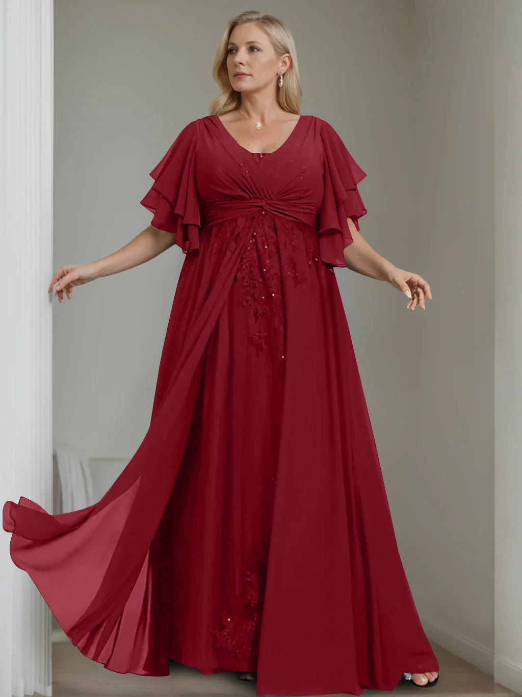 A-Line/Princess V-Neck Half Sleeves Floor-Length Unique Plus Size Mother of the Bride Dresses with Sequins & Ruffles