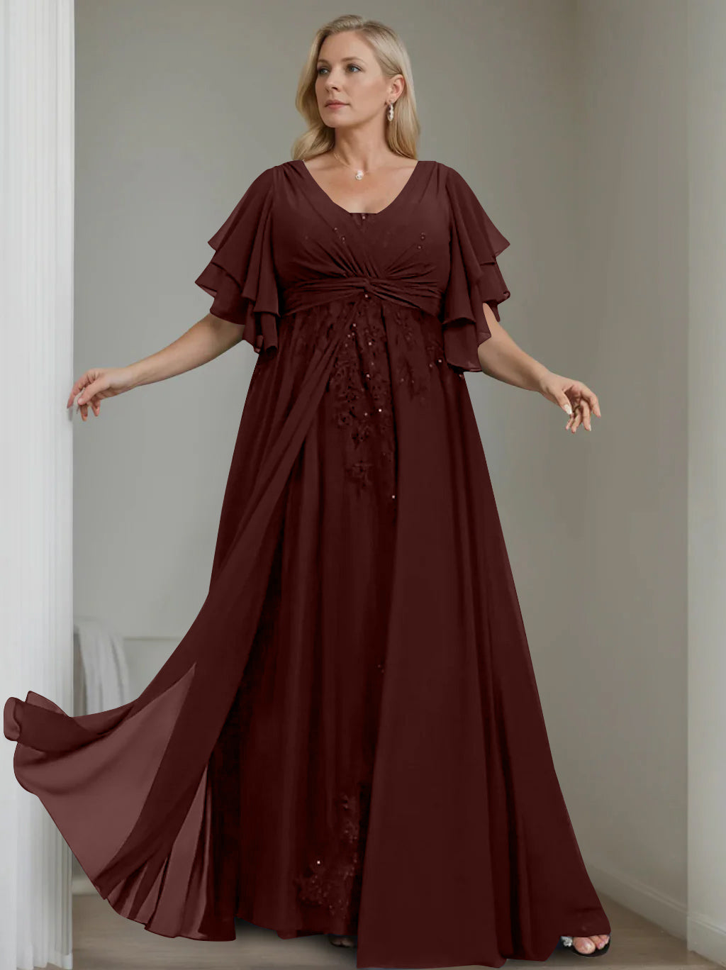 A-Line/Princess V-Neck Half Sleeves Floor-Length Unique Plus Size Mother of the Bride Dresses with Sequins & Ruffles