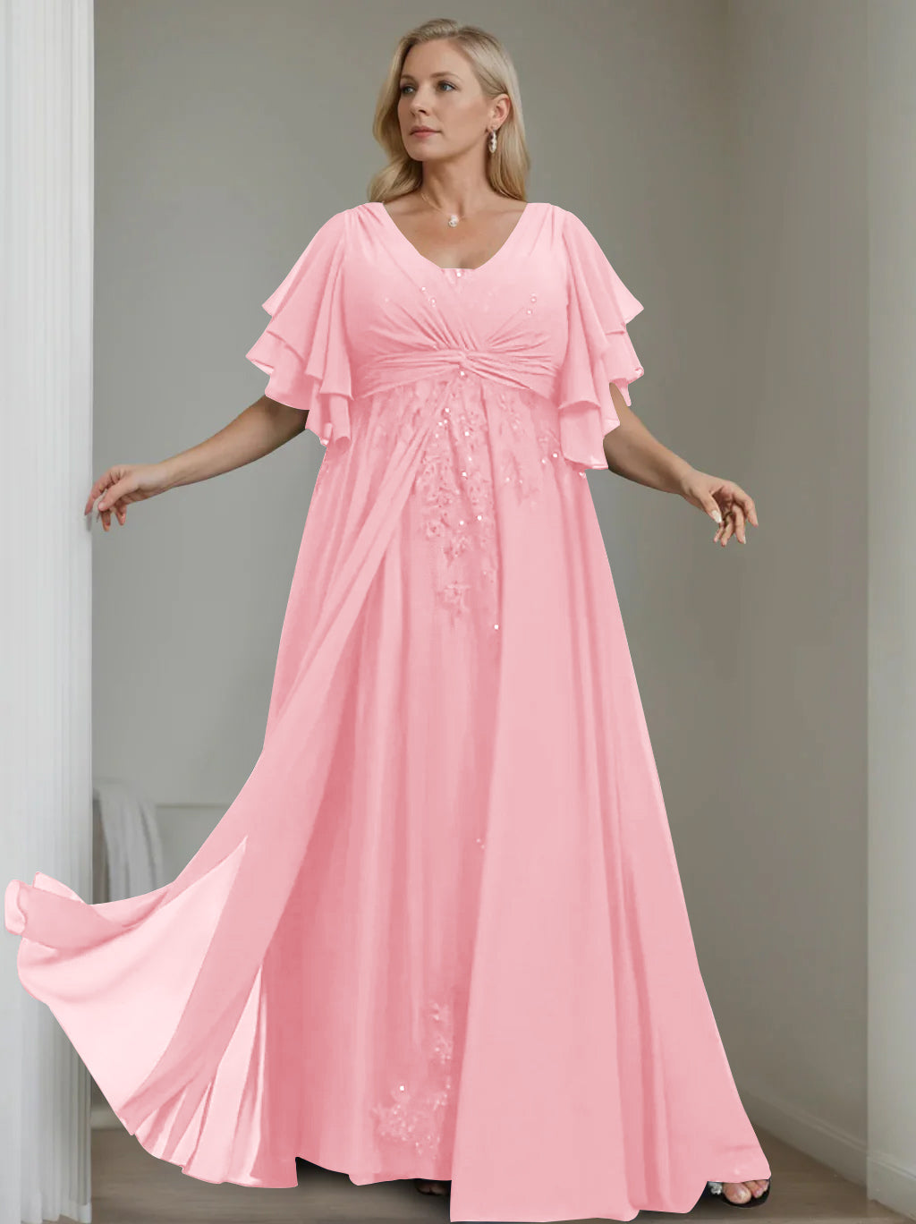 A-Line/Princess V-Neck Half Sleeves Floor-Length Unique Plus Size Mother of the Bride Dresses with Sequins & Ruffles