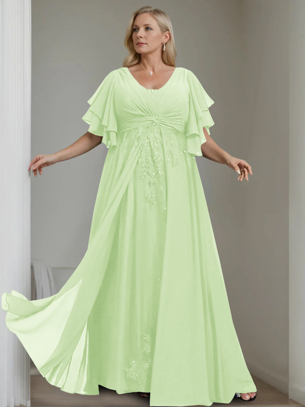 A-Line/Princess V-Neck Half Sleeves Floor-Length Unique Plus Size Mother of the Bride Dresses with Sequins & Ruffles