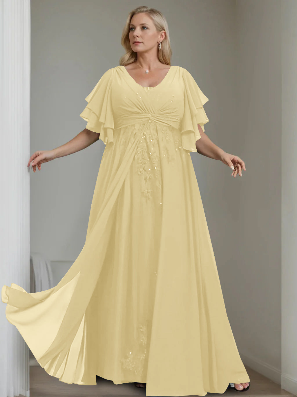 A-Line/Princess V-Neck Half Sleeves Floor-Length Unique Plus Size Mother of the Bride Dresses with Sequins & Ruffles