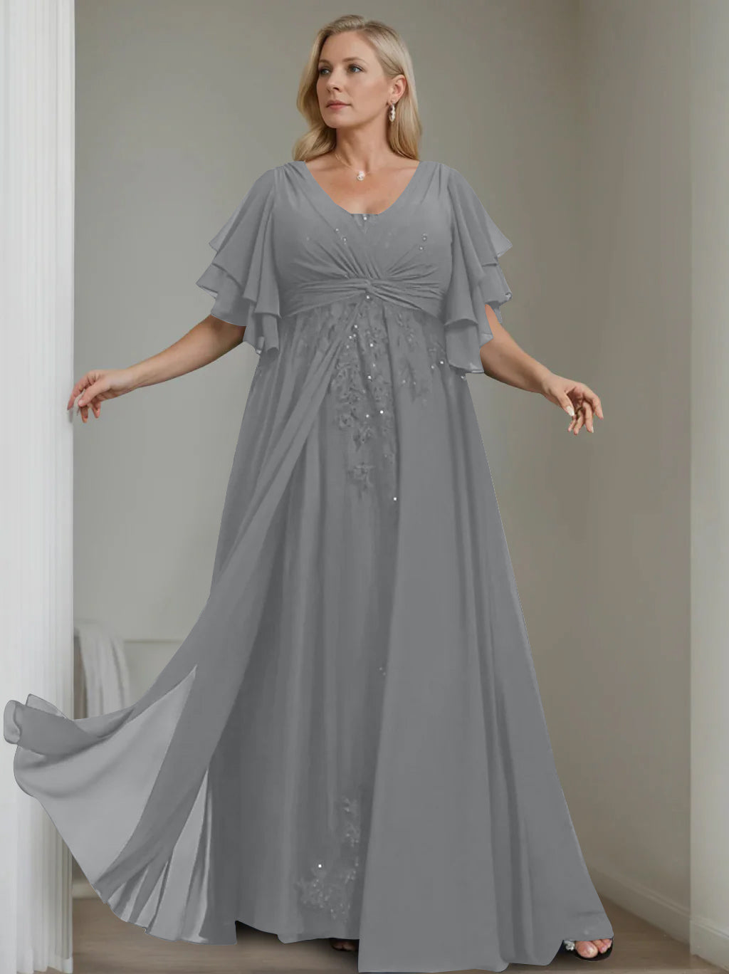 A-Line/Princess V-Neck Half Sleeves Floor-Length Unique Plus Size Mother of the Bride Dresses with Sequins & Ruffles