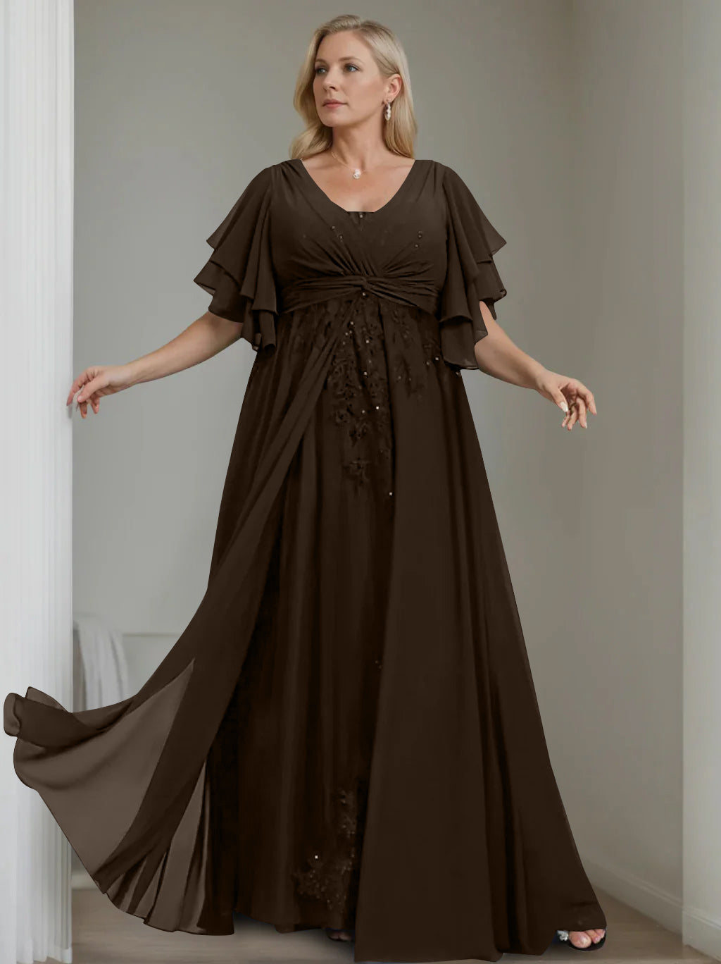 A-Line/Princess V-Neck Half Sleeves Floor-Length Unique Plus Size Mother of the Bride Dresses with Sequins & Ruffles