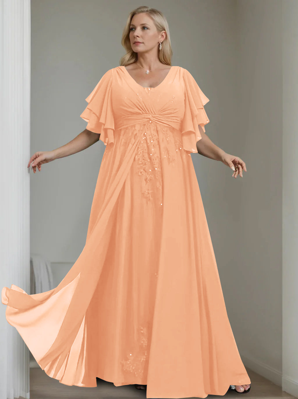 A-Line/Princess V-Neck Half Sleeves Floor-Length Unique Plus Size Mother of the Bride Dresses with Sequins & Ruffles