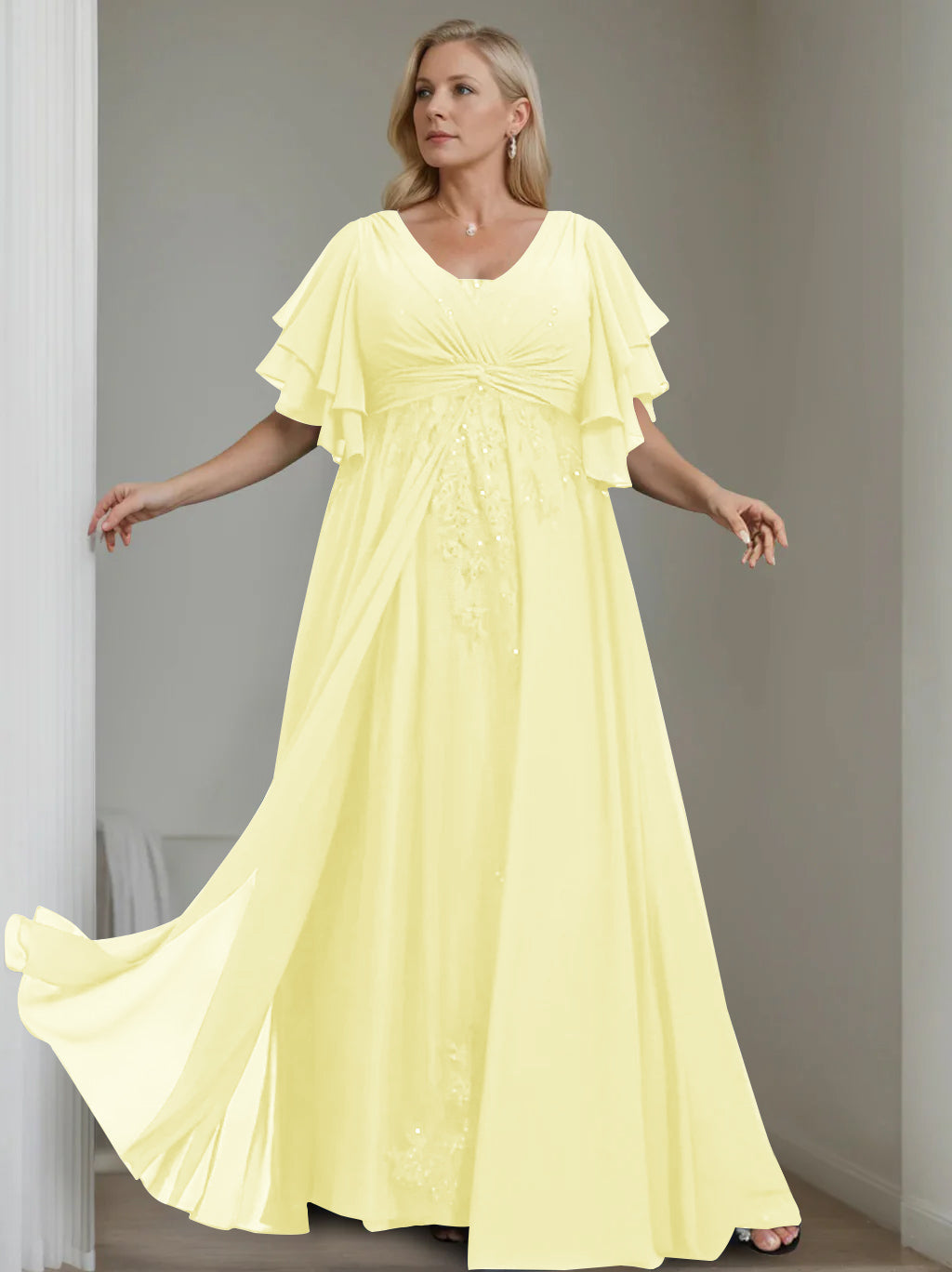 A-Line/Princess V-Neck Half Sleeves Floor-Length Unique Plus Size Mother of the Bride Dresses with Sequins & Ruffles