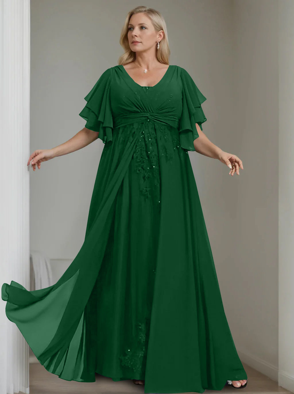 A-Line/Princess V-Neck Half Sleeves Floor-Length Unique Plus Size Mother of the Bride Dresses with Sequins & Ruffles