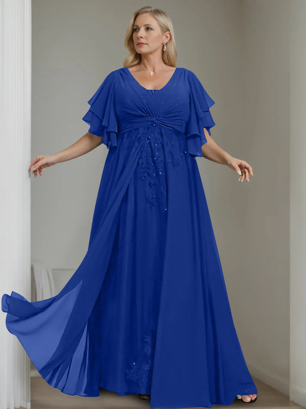 A-Line/Princess V-Neck Half Sleeves Floor-Length Unique Plus Size Mother of the Bride Dresses with Sequins & Ruffles