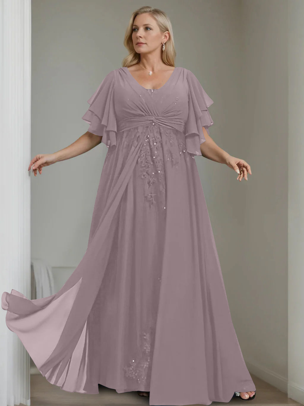 A-Line/Princess V-Neck Half Sleeves Floor-Length Unique Plus Size Mother of the Bride Dresses with Sequins & Ruffles