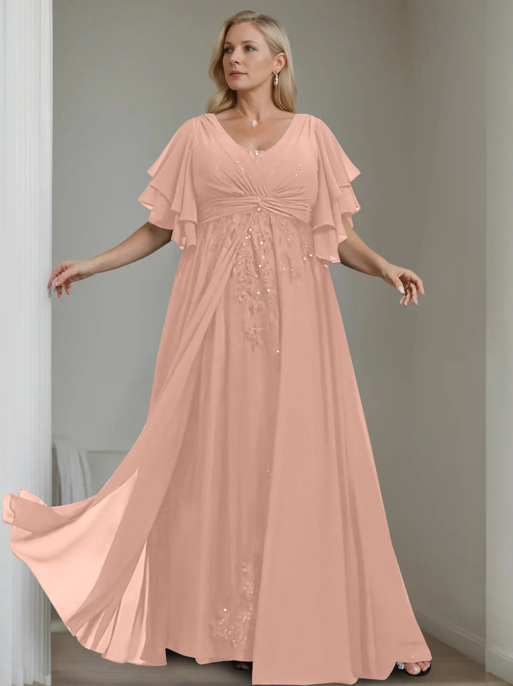 A-Line/Princess V-Neck Half Sleeves Floor-Length Unique Plus Size Mother of the Bride Dresses with Sequins & Ruffles