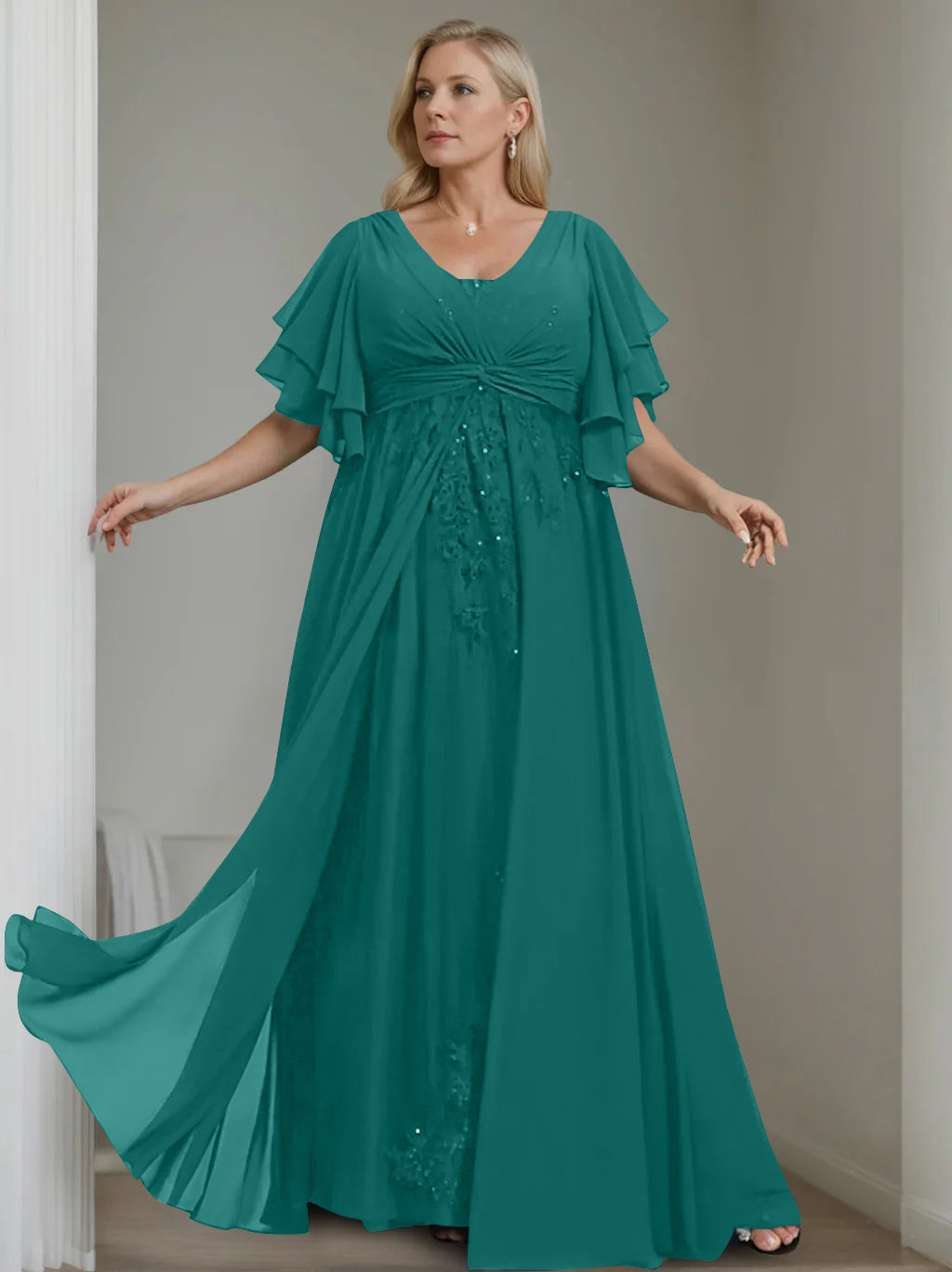 A-Line/Princess V-Neck Half Sleeves Floor-Length Unique Plus Size Mother of the Bride Dresses with Sequins & Ruffles