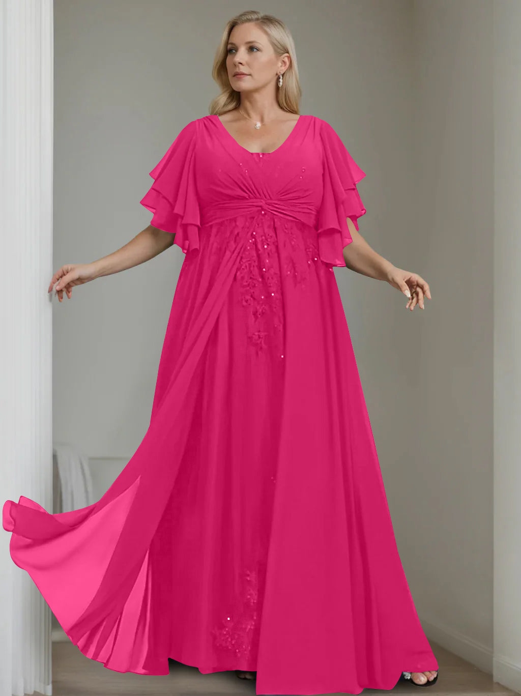 A-Line/Princess V-Neck Half Sleeves Floor-Length Unique Plus Size Mother of the Bride Dresses with Sequins & Ruffles