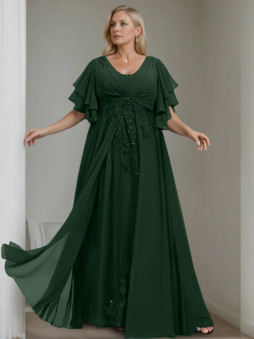 A-Line/Princess V-Neck Half Sleeves Floor-Length Unique Plus Size Mother of the Bride Dresses with Sequins & Ruffles