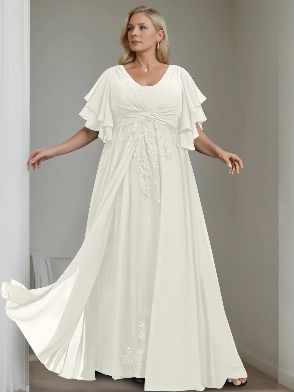 A-Line/Princess V-Neck Half Sleeves Floor-Length Unique Plus Size Mother of the Bride Dresses with Sequins & Ruffles