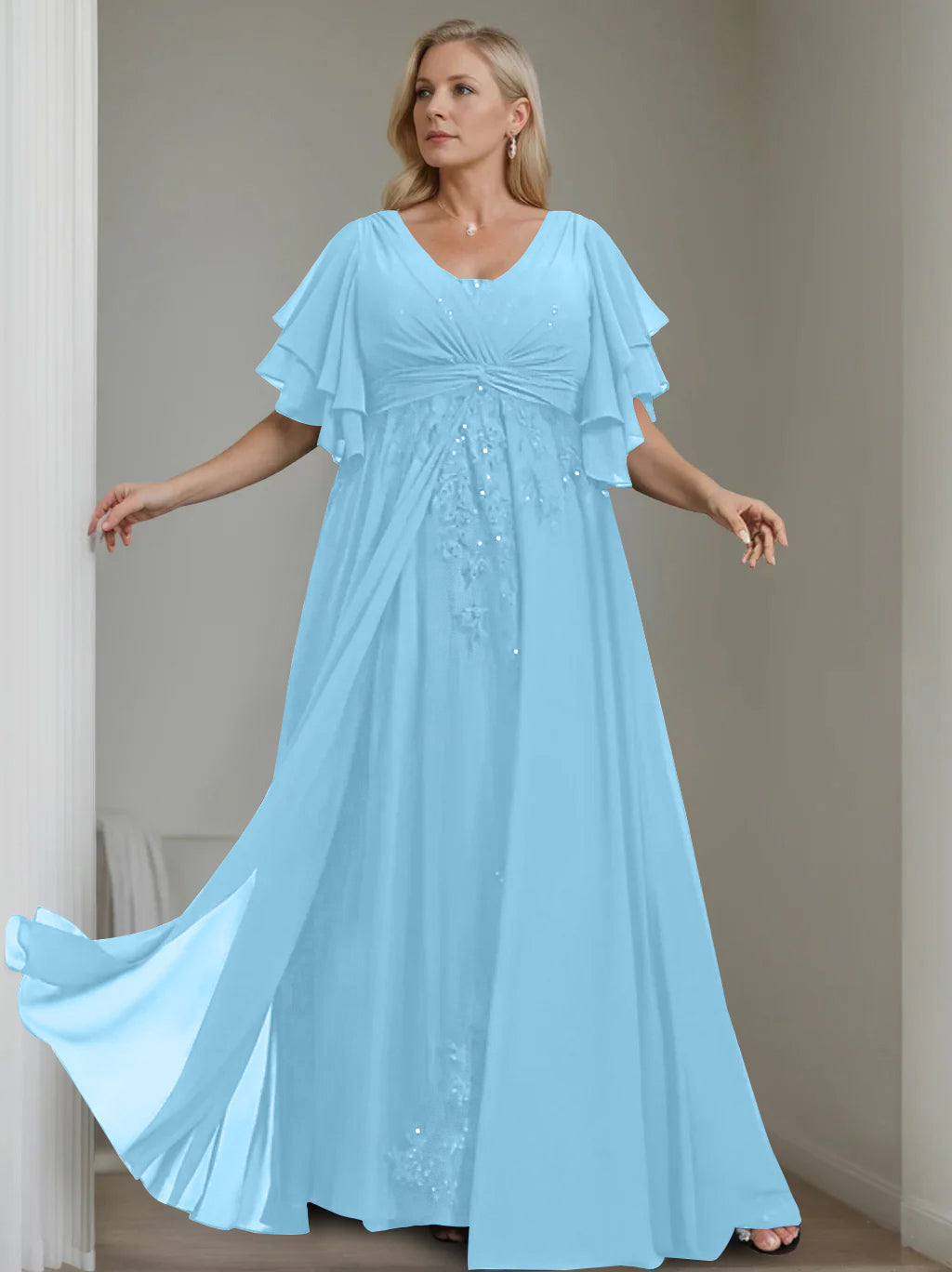 A-Line/Princess V-Neck Half Sleeves Floor-Length Unique Plus Size Mother of the Bride Dresses with Sequins & Ruffles
