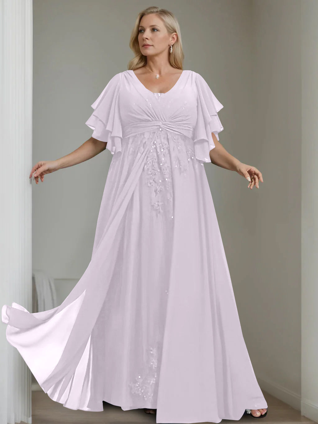 A-Line/Princess V-Neck Half Sleeves Floor-Length Unique Plus Size Mother of the Bride Dresses with Sequins & Ruffles
