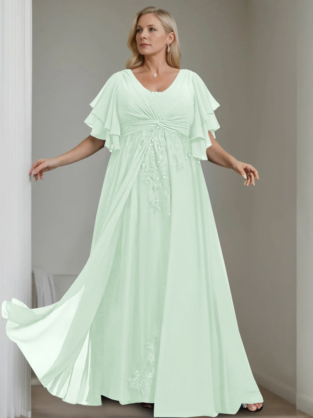 A-Line/Princess V-Neck Half Sleeves Floor-Length Unique Plus Size Mother of the Bride Dresses with Sequins & Ruffles