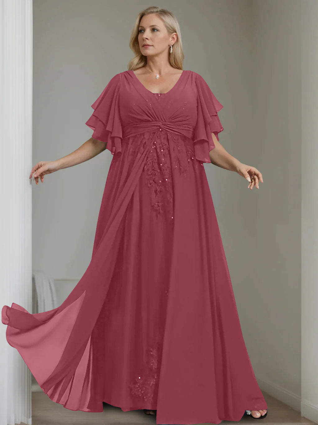A-Line/Princess V-Neck Half Sleeves Floor-Length Unique Plus Size Mother of the Bride Dresses with Sequins & Ruffles