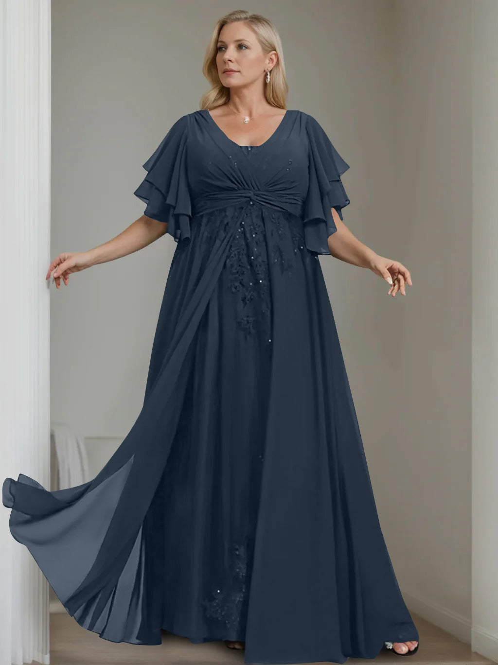 A-Line/Princess V-Neck Half Sleeves Floor-Length Unique Plus Size Mother of the Bride Dresses with Sequins & Ruffles