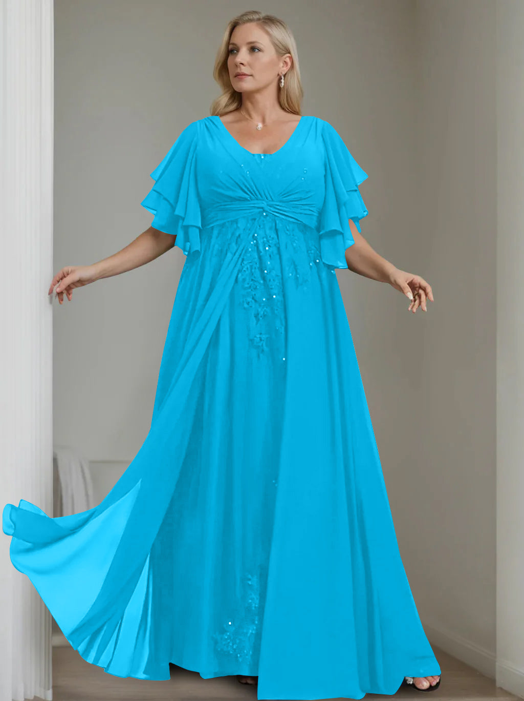 A-Line/Princess V-Neck Half Sleeves Floor-Length Unique Plus Size Mother of the Bride Dresses with Sequins & Ruffles