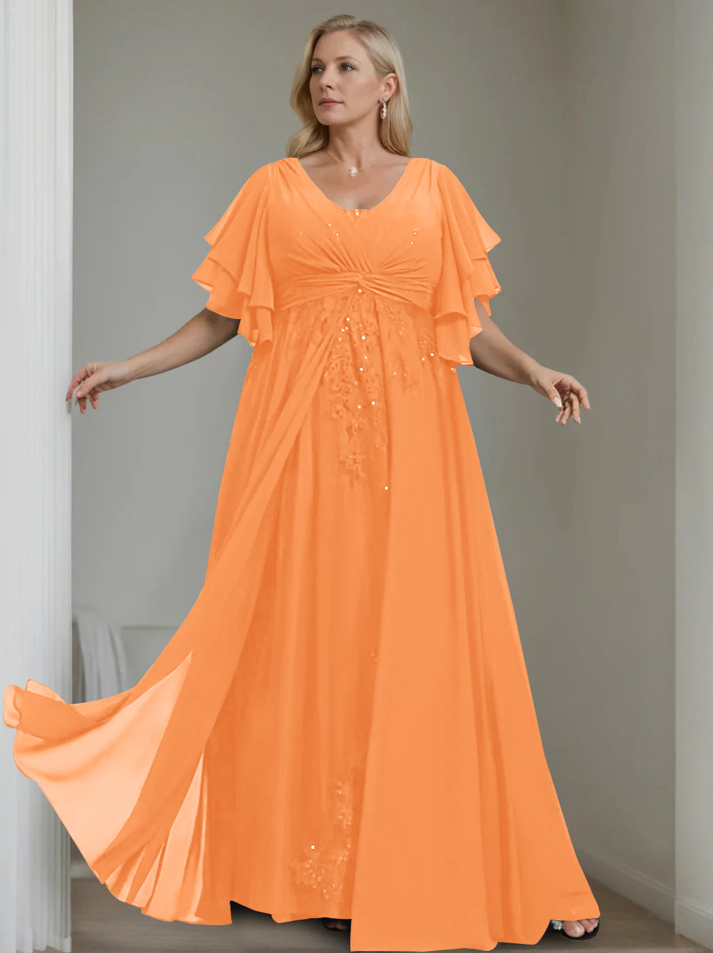 A-Line/Princess V-Neck Half Sleeves Floor-Length Unique Plus Size Mother of the Bride Dresses with Sequins & Ruffles