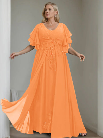 A-Line/Princess V-Neck Half Sleeves Floor-Length Unique Plus Size Mother of the Bride Dresses with Sequins & Ruffles