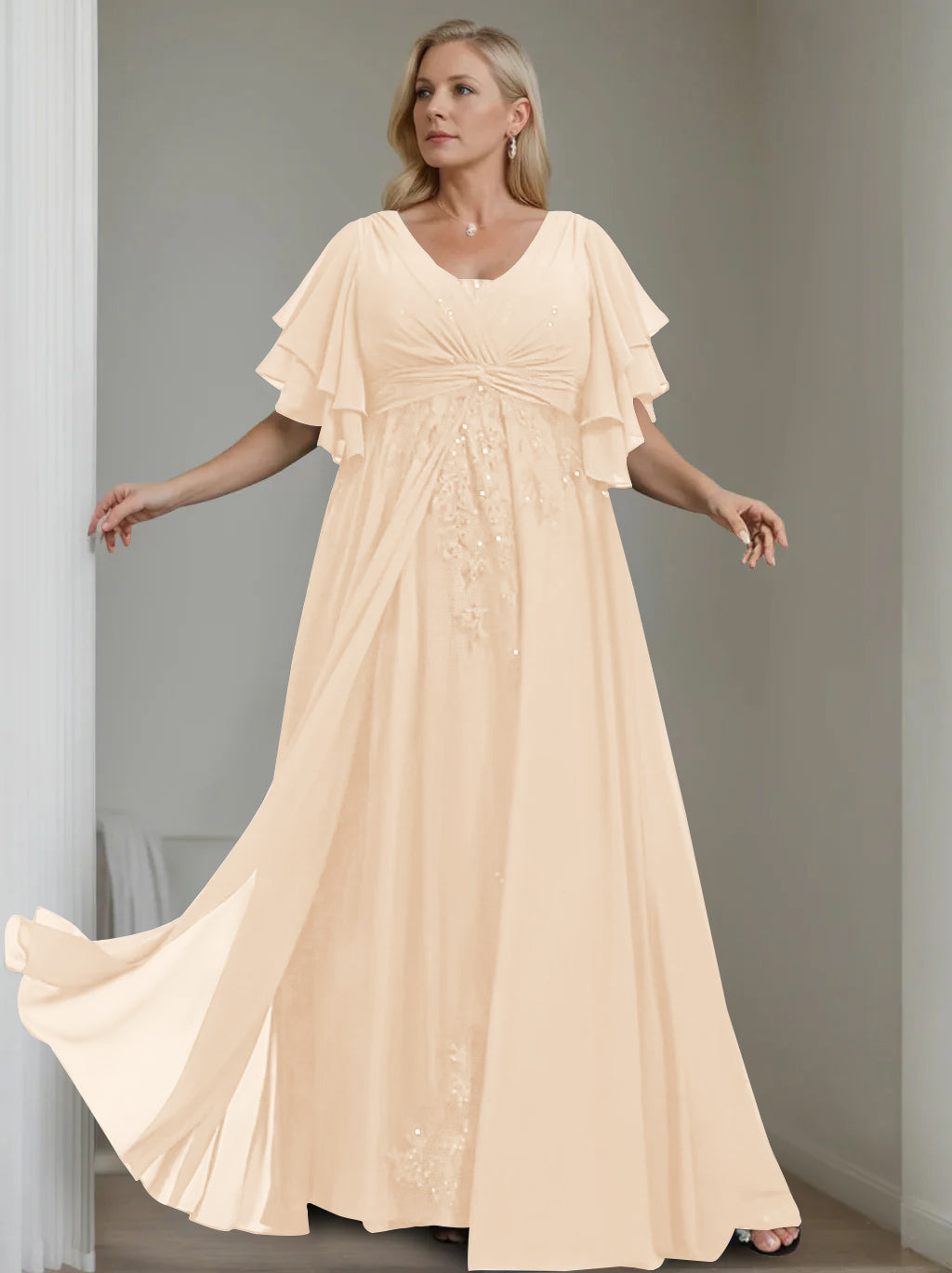 A-Line/Princess V-Neck Half Sleeves Floor-Length Unique Plus Size Mother of the Bride Dresses with Sequins & Ruffles
