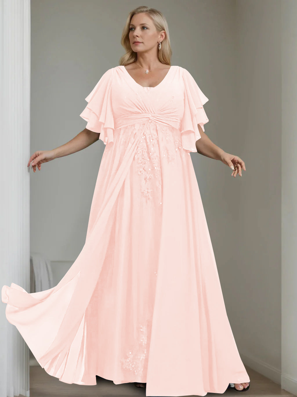 A-Line/Princess V-Neck Half Sleeves Floor-Length Unique Plus Size Mother of the Bride Dresses with Sequins & Ruffles