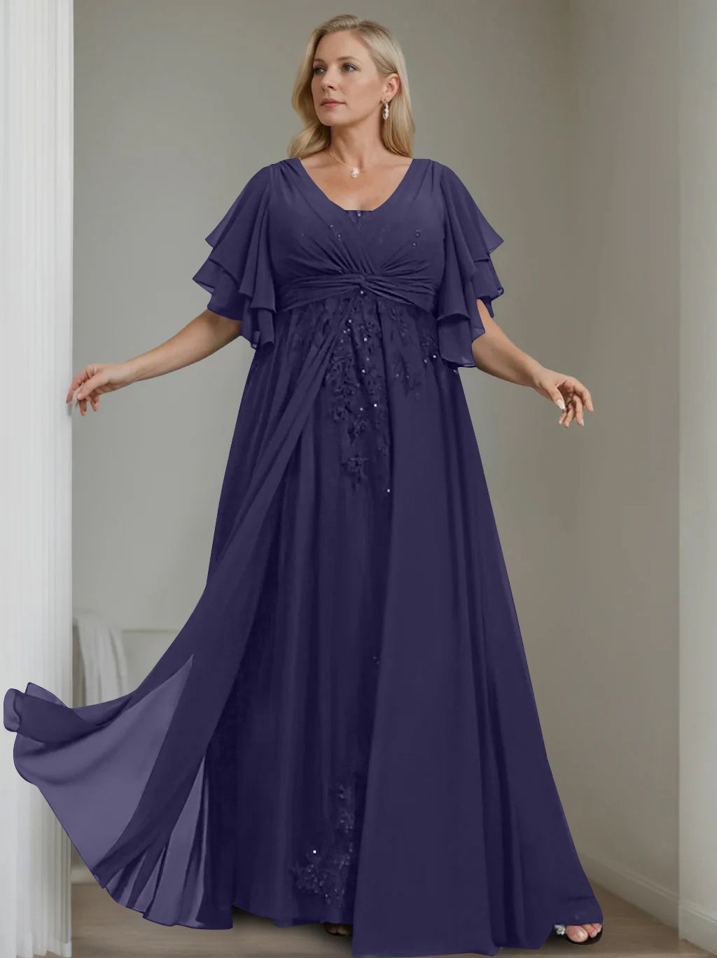 A-Line/Princess V-Neck Half Sleeves Floor-Length Unique Plus Size Mother of the Bride Dresses with Sequins & Ruffles