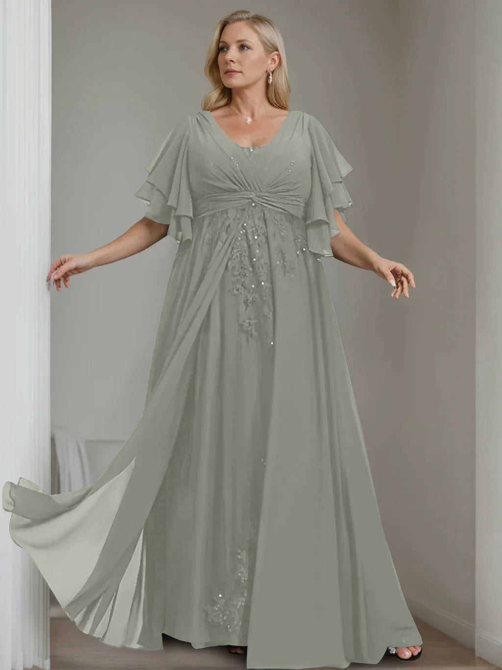 A-Line/Princess V-Neck Half Sleeves Floor-Length Unique Plus Size Mother of the Bride Dresses with Sequins & Ruffles