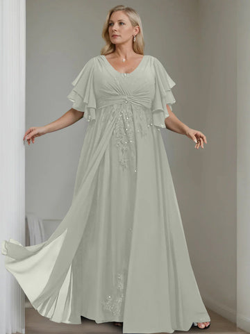 A-Line/Princess V-Neck Half Sleeves Floor-Length Unique Plus Size Mother of the Bride Dresses with Sequins & Ruffles