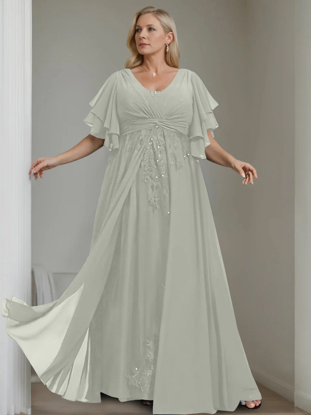 A-Line/Princess V-Neck Half Sleeves Floor-Length Unique Plus Size Mother of the Bride Dresses with Sequins & Ruffles