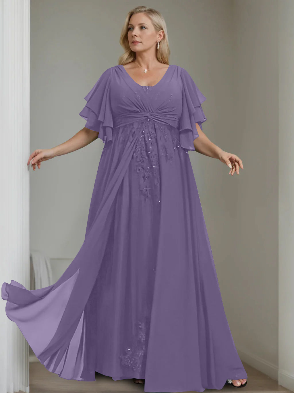 A-Line/Princess V-Neck Half Sleeves Floor-Length Unique Plus Size Mother of the Bride Dresses with Sequins & Ruffles