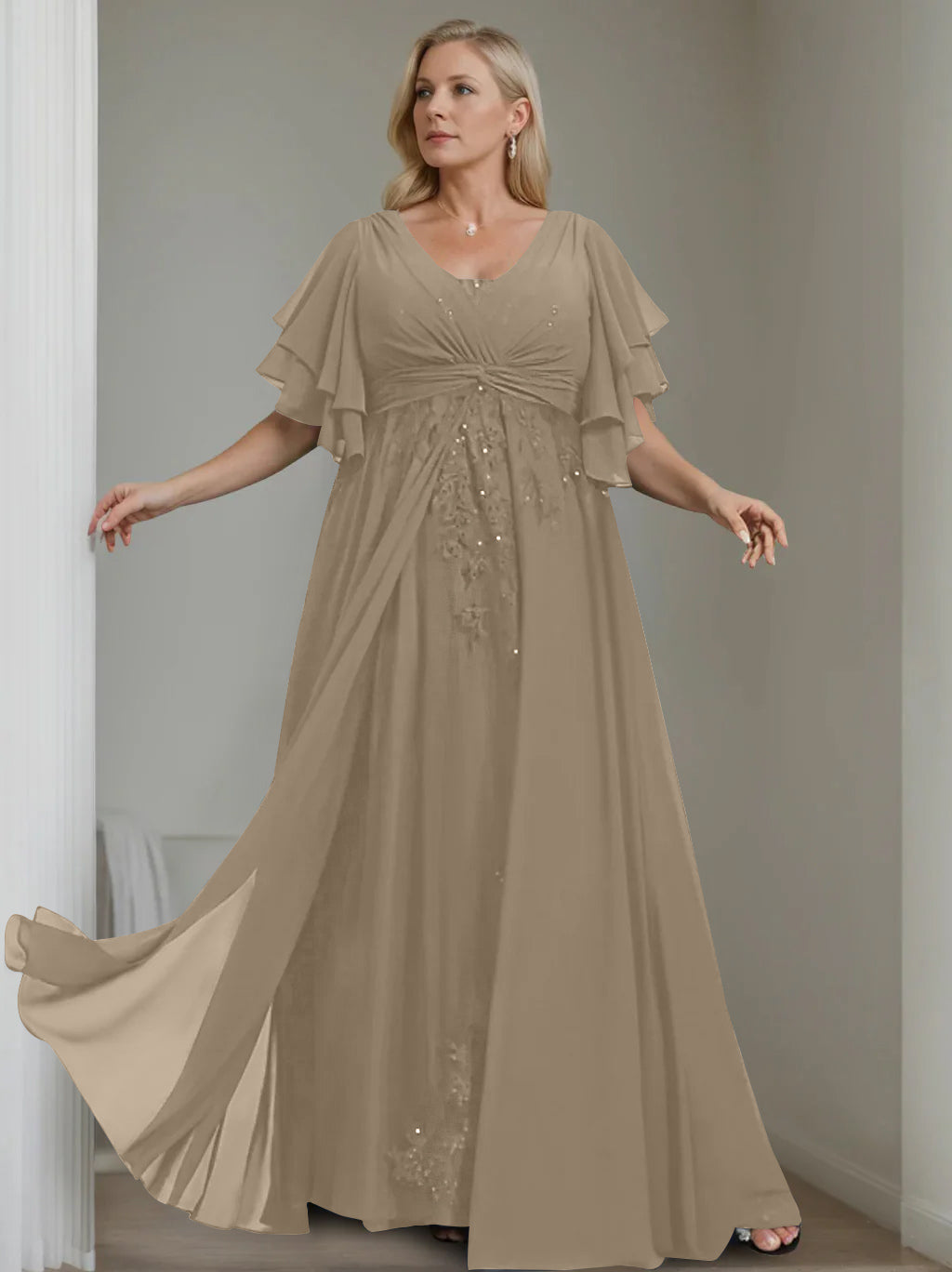A-Line/Princess V-Neck Half Sleeves Floor-Length Unique Plus Size Mother of the Bride Dresses with Sequins & Ruffles