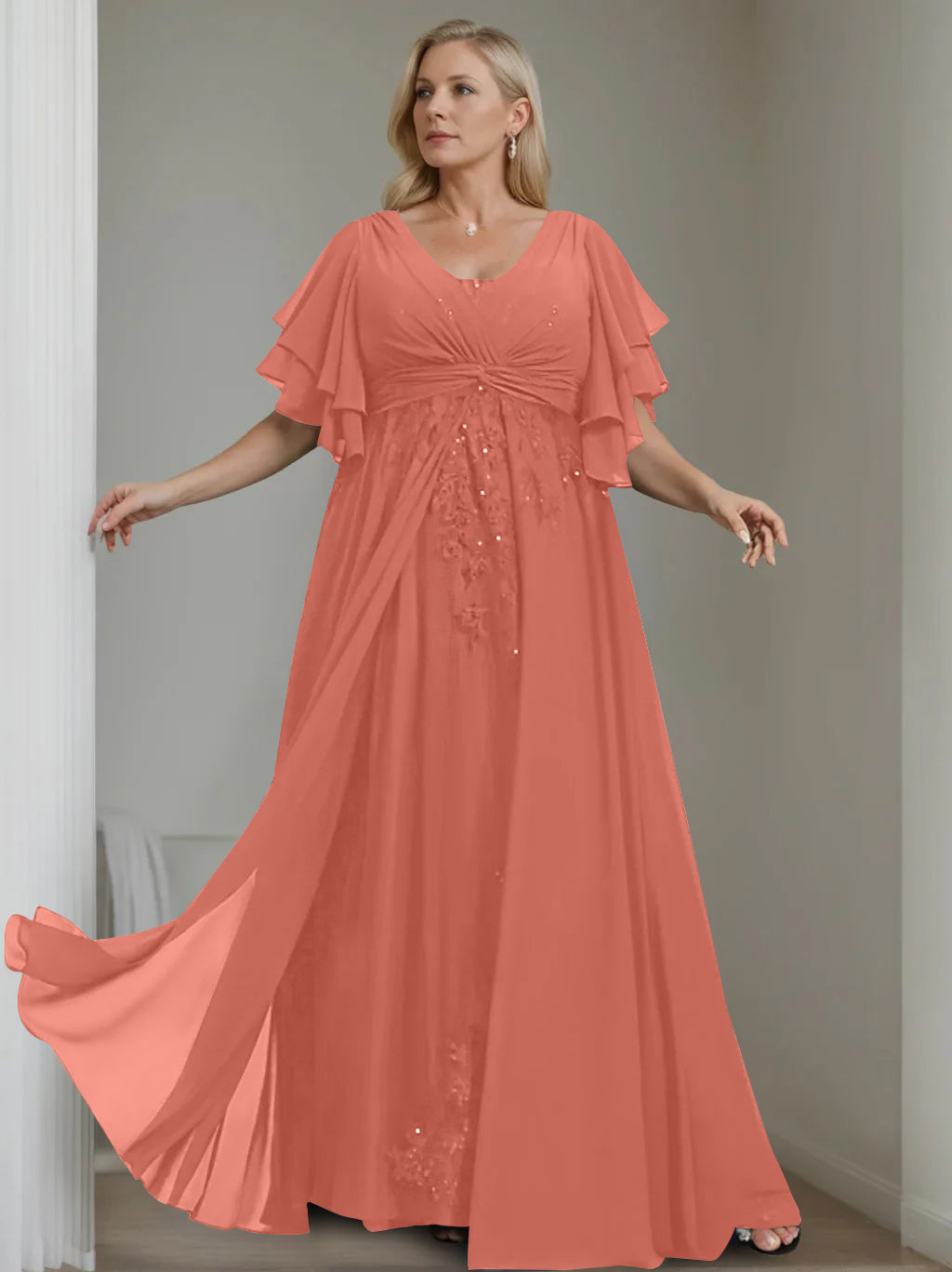 A-Line/Princess V-Neck Half Sleeves Floor-Length Unique Plus Size Mother of the Bride Dresses with Sequins & Ruffles