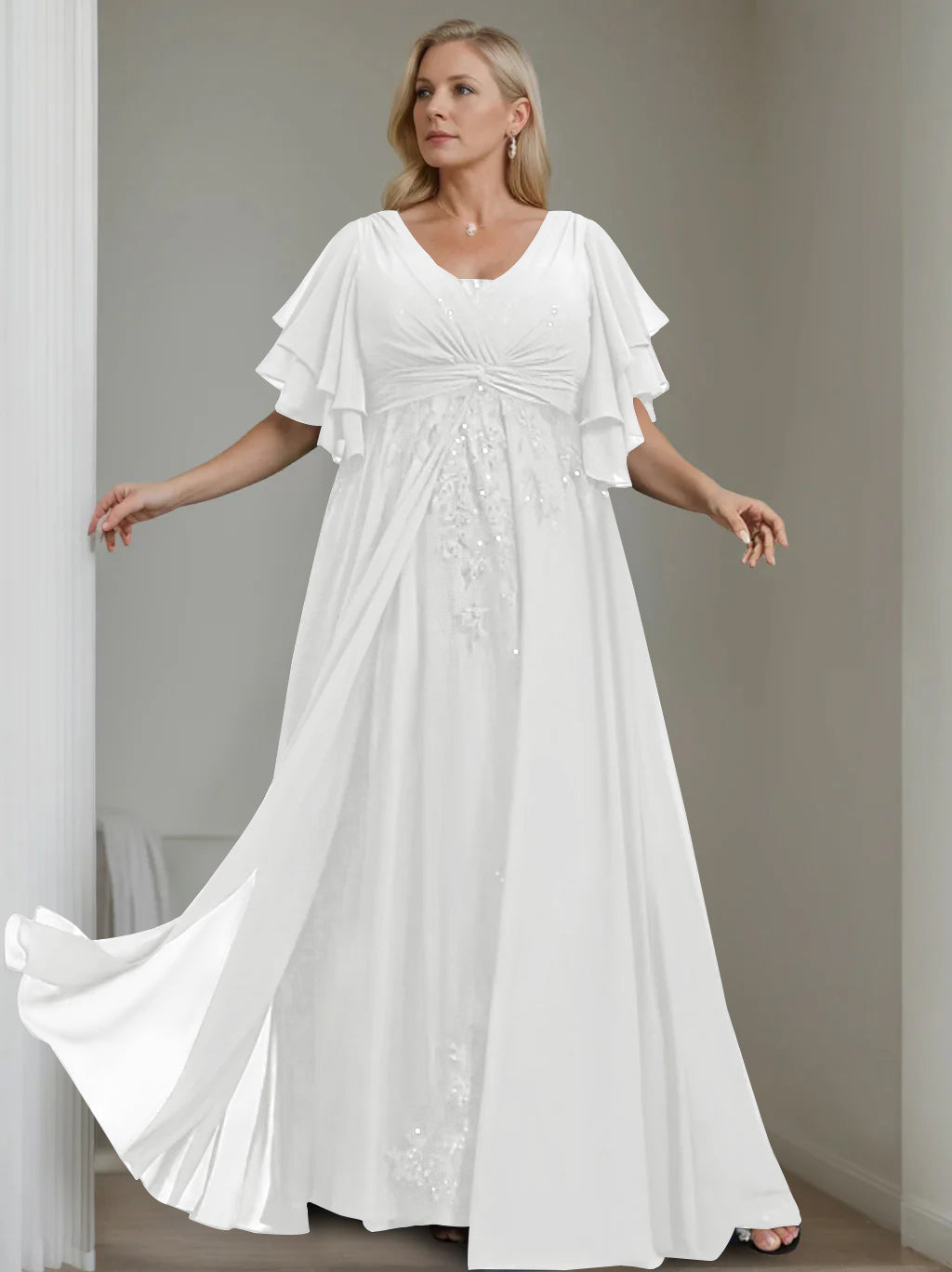 A-Line/Princess V-Neck Half Sleeves Floor-Length Unique Plus Size Mother of the Bride Dresses with Sequins & Ruffles
