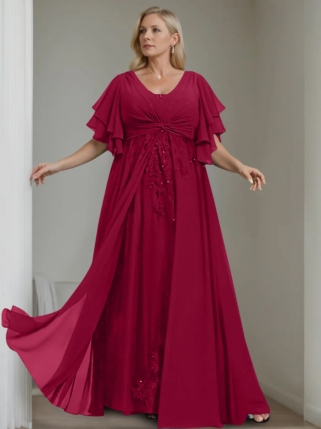 A-Line/Princess V-Neck Half Sleeves Floor-Length Unique Plus Size Mother of the Bride Dresses with Sequins & Ruffles
