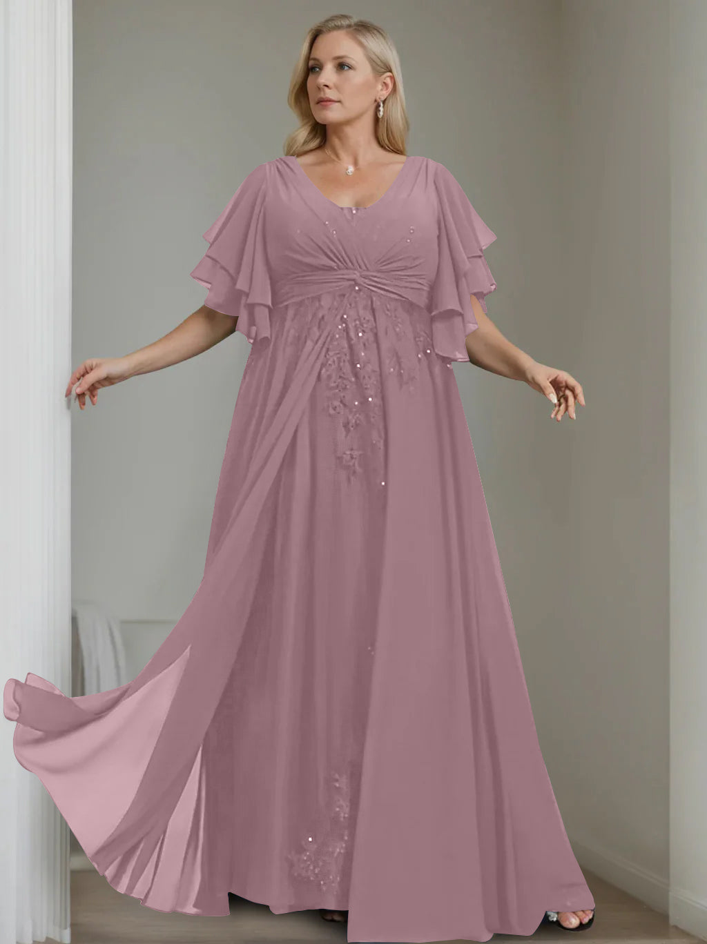 A-Line/Princess V-Neck Half Sleeves Floor-Length Unique Plus Size Mother of the Bride Dresses with Sequins & Ruffles