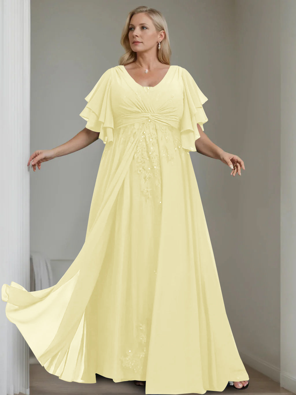 A-Line/Princess V-Neck Half Sleeves Floor-Length Unique Plus Size Mother of the Bride Dresses with Sequins & Ruffles