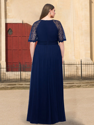 A-Line/Princess Scoop Half Sleeves Floor-Length Plus Size Mother of the Bride Dresses with Ruffles & Lace