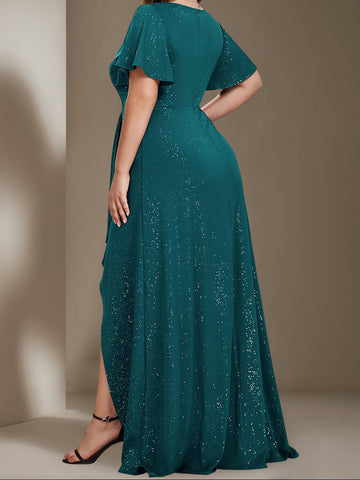 A-Line/Princess Deep V-Neck Short Sleeves Asymmetrical Plus Size Mother Of The Bride Dresses with Ruffles
