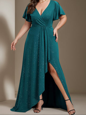 A-Line/Princess Deep V-Neck Short Sleeves Asymmetrical Plus Size Mother Of The Bride Dresses with Ruffles