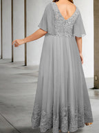 A-Line/Princess V-Neck Half Sleeves Floor-Length Plus Size Mother of the Bride Dresses with Appliques
