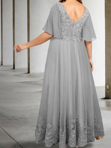 A-Line/Princess V-Neck Half Sleeves Floor-Length Plus Size Mother of the Bride Dresses with Appliques