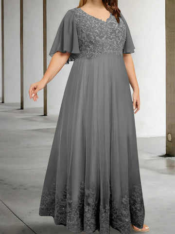 A-Line/Princess V-Neck Half Sleeves Floor-Length Plus Size Mother of the Bride Dresses with Appliques