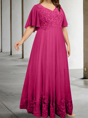A-Line/Princess V-Neck Half Sleeves Floor-Length Plus Size Mother of the Bride Dresses with Appliques