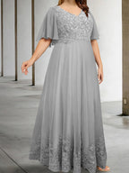 A-Line/Princess V-Neck Half Sleeves Floor-Length Plus Size Mother of the Bride Dresses with Appliques