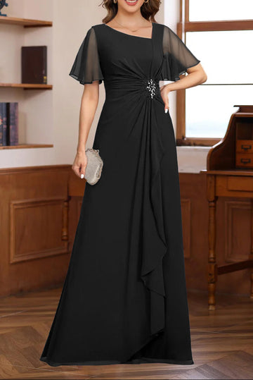 A-Line/Princess V-Neck Short Sleeves Chiffon Mother of the Bride & Groom Dresses with Appliques & Ruffles
