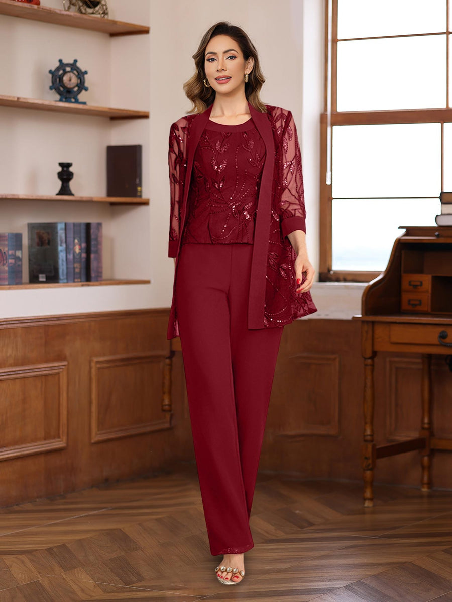 3 Pieces Chiffon Round Neck Floor-Length Mother of the Bride Pantsuits with Sequins